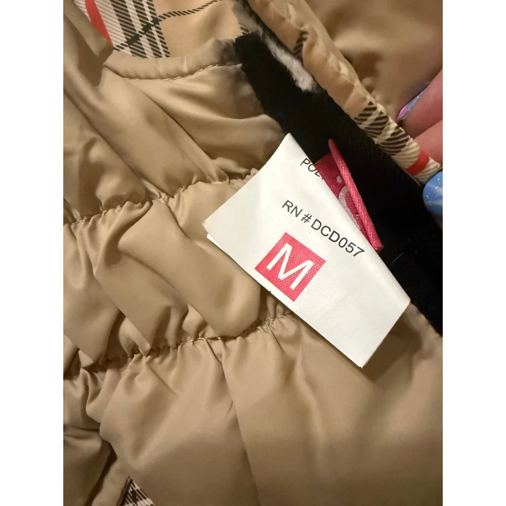 Pawchie Reversible Dog Puffer Vest Plaid Tan Quilted Jacket Medium RN DCD057
